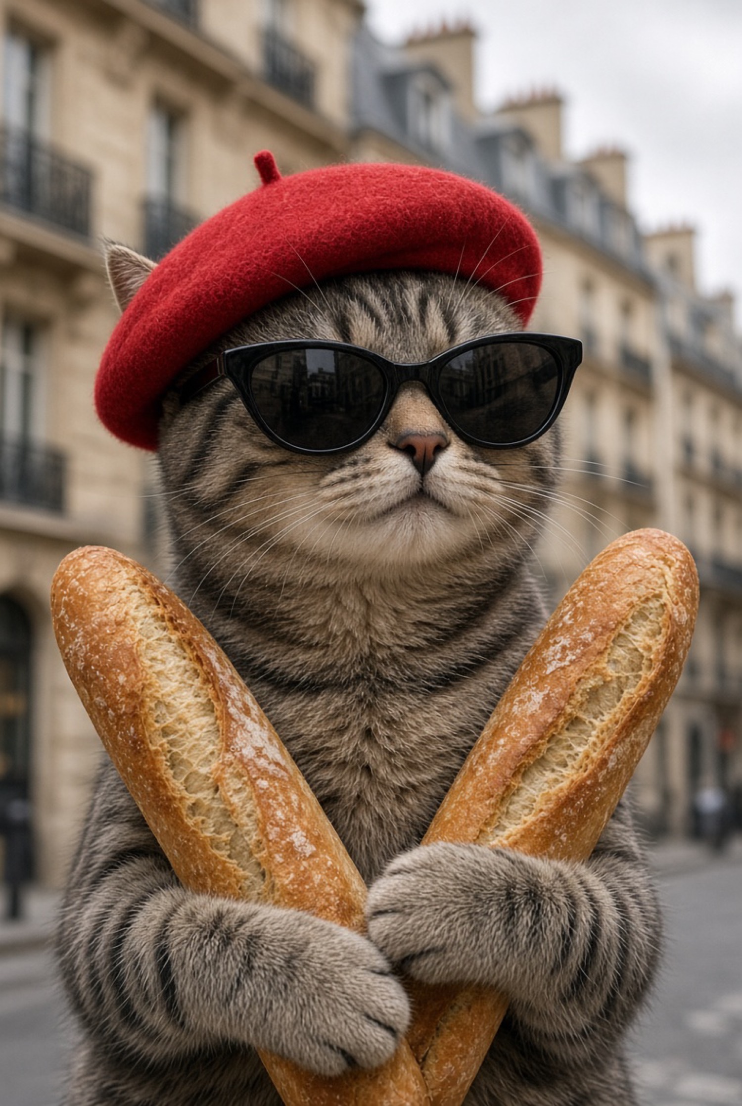 French tabby cat in a red beret with baguettes